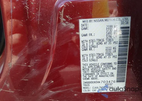 2017 Nissan Frontier Sv z USA, uszkodzony, nr VIN 1N6DD0ER0HN703476